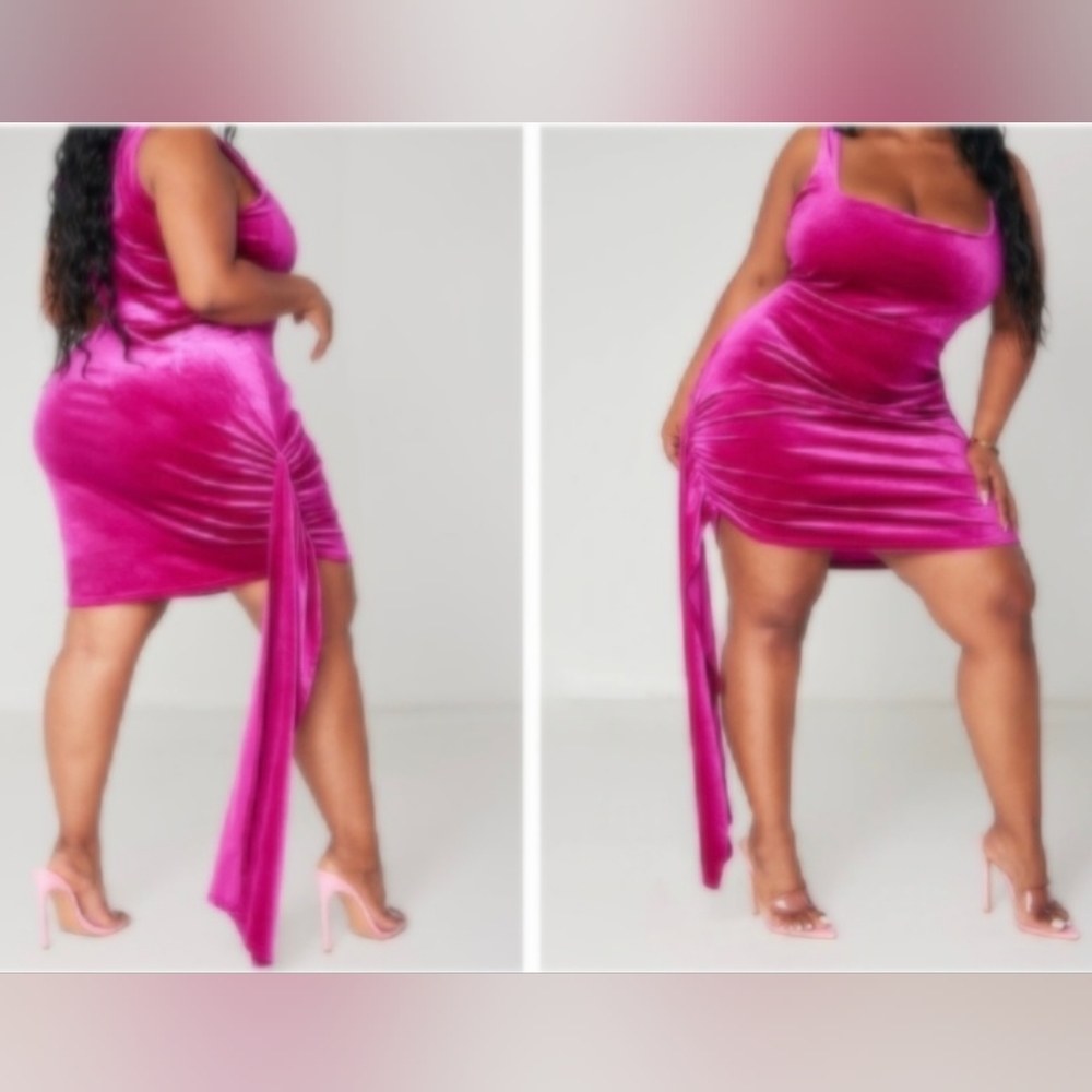 Plus Hot Pink Drape Detail Velvet Bodycon Dress